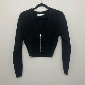 Zara Womens‎ Black Knit Full Zip Wool Blend Cropped Sweater Small